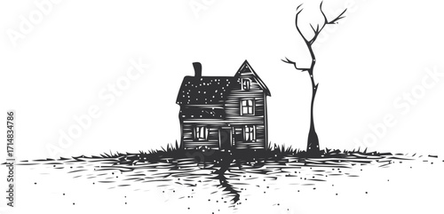 Haunted house sketch, hand drawn, with barren tree and cracked ground — stock vector