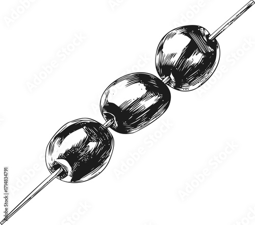 Olives on skewer sketch hand drawn appetizer illustration — stock vector