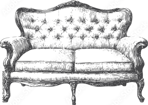 Vintage sofa sketch, hand drawn tufted couch with ornate wood frame — stock vector