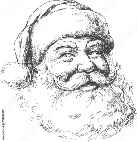 Santa Claus sketch hand drawn portrait with smiling face and fluffy beard — stock vector