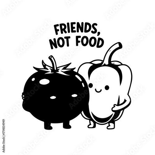 Cute cartoon tomato and pepper hug with caption Friends, Not Food promoting compassionate eating.