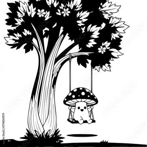 Whimsical woodland scene with a swinging dog.