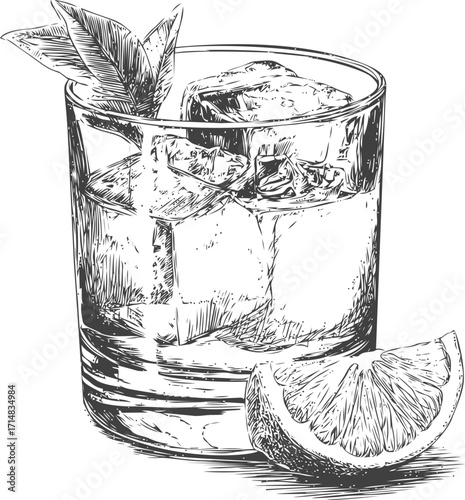Whiskey glass sketch with ice cubes, mint leaves, and lemon wedge — stock vector