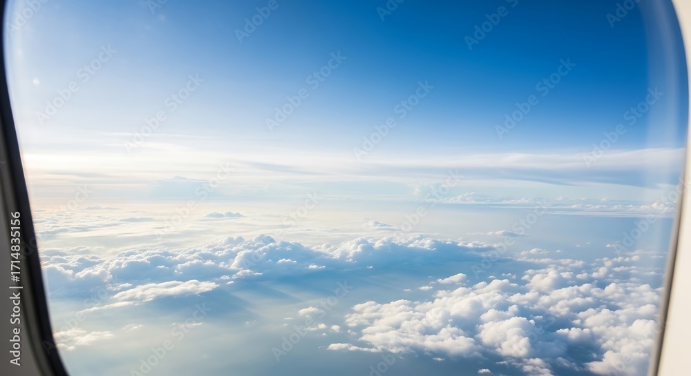 Fototapeta premium View from an airplane window of a vast expanse of clouds and blue sky