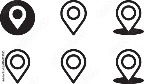 Collection of six black and white location pin icons on white background marker