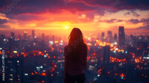 Woman Standing on a Rooftop Overlooking the City at Sunset (Cinematic, Dreamy, 8K, Soft Warm Light, Deep Focus on Cityscape) --ar 16:9 --stylize 750 --v 6.1 Job ID: 537be335-dab8-475c-9477-bdf6029c65f
