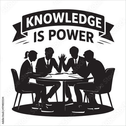 Empowered Business Team Brainstorming: Knowledge is Power, Monochrome Silhouette Illustration