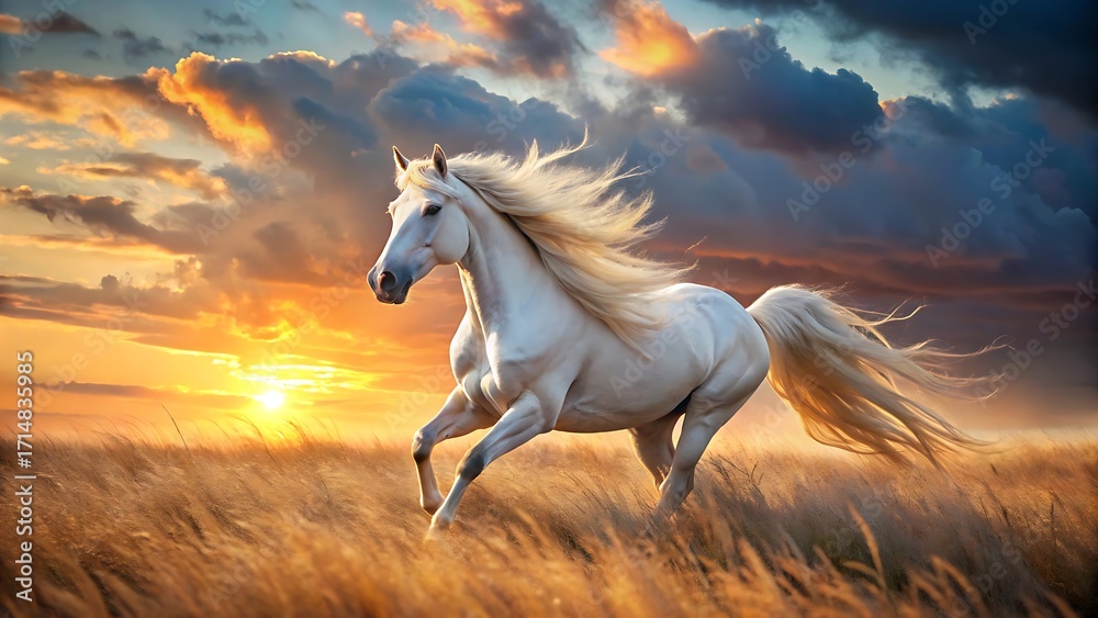 Obraz premium Majestic White Horse Galloping Through Golden Field at Sunset with Dramatic Sky