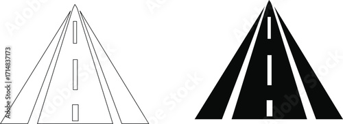 Road icon set, Road isometric intersection element set. Roadway elements isometry vector style. Stylized black road clip art on white background showcasing different perspectives.