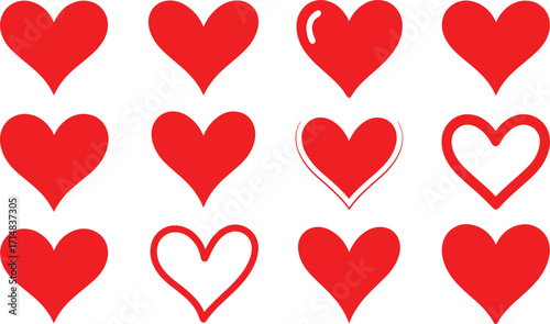 Collection of red hearts in various styles on a white background love symbol