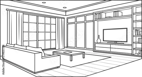Living room interior outline sketch. Line style interior design with window and furniture Vector illustration. Linear sketch of an interior. Hand drawn Isolated vector illustration of a sketch style.