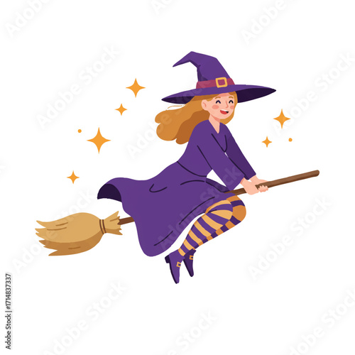 A whimsical witch is happily flying on her broomstick with a magical aura, depicted in a vibrant 2D flat vector illustration on a clean white background.