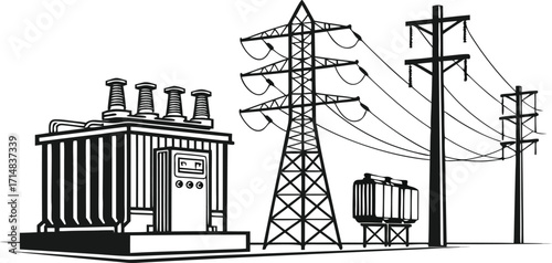 Power line tower, transmission tower with white isolate background, High voltage post or High voltage tower. Vector Illustration Png Background Template.	