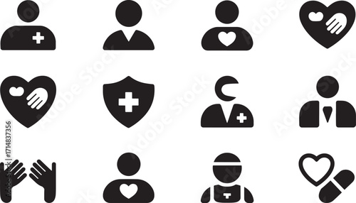 Medical healthcare icons with hearts and people silhouettes symbol
