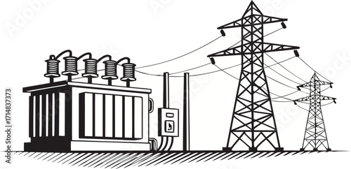 Power line tower, transmission tower with white isolate background, High voltage post or High voltage tower. Vector Illustration Png Background Template.	
