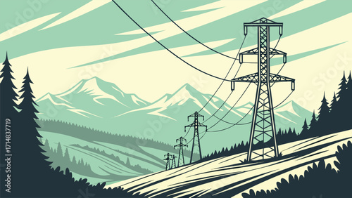Power line tower, transmission tower with white isolate background, High voltage post or High voltage tower. Vector Illustration Png Background Template.	
