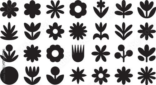 Collection of thirty black silhouette floral and leaf shapes on white background Keywords: floral