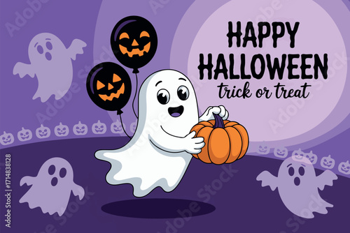 Cute Halloween Ghost with Pumpkin , celebrating Happy Halloween with balloons and trick or treat wishes