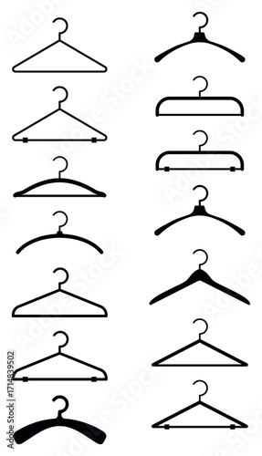 Hanger icon set. Coat rack symbol. Clothes hanger or clothes rack icon. Shop hanger icon set. Hook sale logo. Coat rack