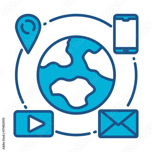 Network Connection Icon In Blue Monochrome Flat Design, Vector Illustration