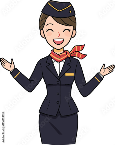 Smiling female flight attendant in uniform, wearing hat and scarf, welcoming gesture, cartoon illustration for aviation, airline, and travel services