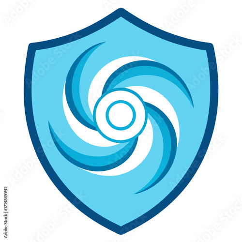 Blue shield with swirling cyclone emblem