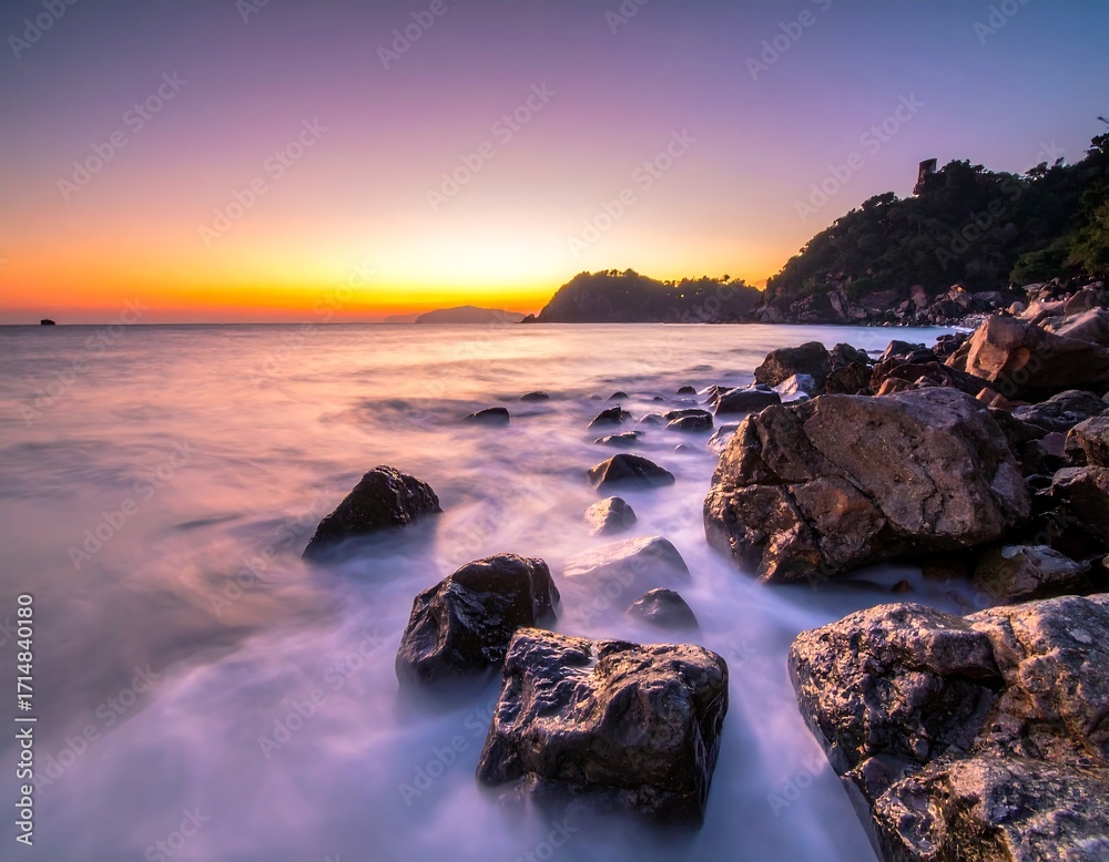 Naklejka premium Tranquil sunrise over a rocky beach