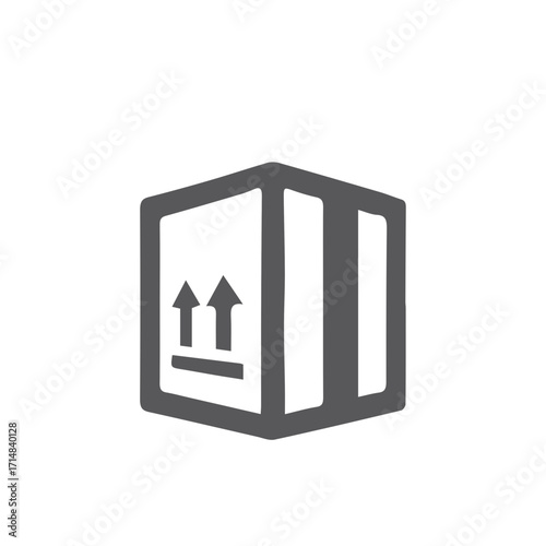 Simple grey shipping box icon with upward arrows indicating proper handling. This vector illustration symbolizes logistics, parcel delivery, cargo transport, and supply chain management