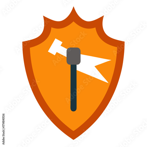 Orange shield with hammer and white flag symbol