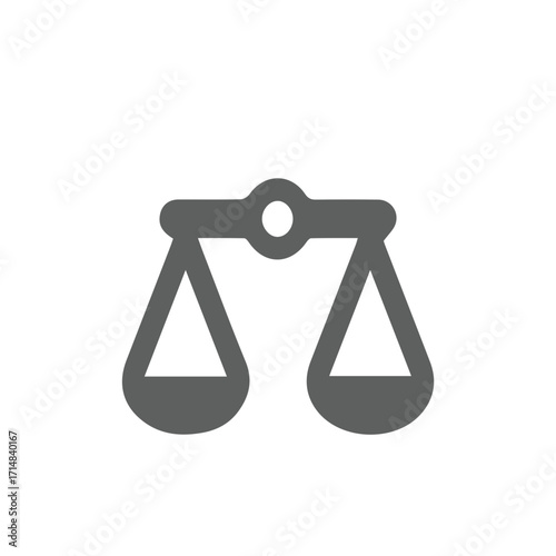 A stylized grey graphic representation of a balanced scale, symbolizing justice, fairness, equality, and equilibrium, against a plain white background, ideal for legal or ethical contexts