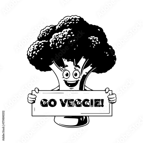 Cartoon Broccoli Character Holding "Go Veggie!" Sign, Smiling, Black and White Illustration.