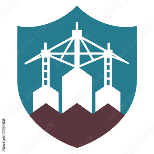 Shield emblem featuring power towers and silos