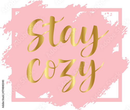 features the phrase "Stay Cozy" in elegant golden script font placed over a pink paint-stroke background framed with a soft square border.