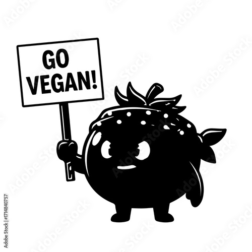Cartoon Strawberry Character Holding "Go Vegan" Sign, Black and White