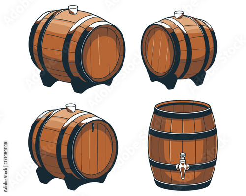 An illustration of four wooden barrels, two standing on legs and one with a tap