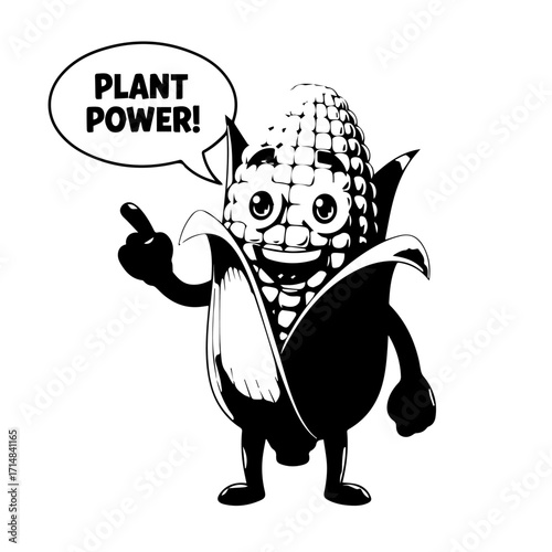 Cheerful Cartoon Corn Character Pointing and Announcing "Plant Power!"