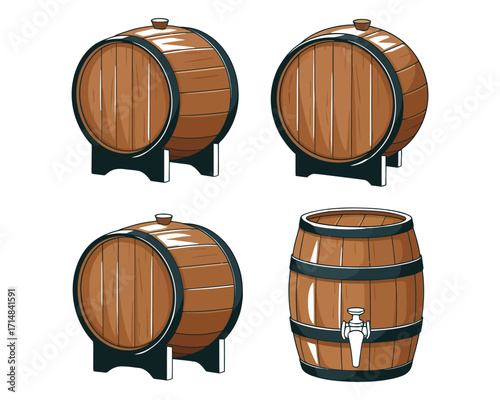 Collection of Wooden Barrel Illustrations for Beverages and Storage