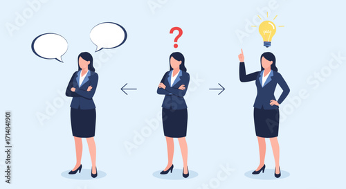 Businesswoman demonstrating the process of communication problem solving and finding a brilliant idea.