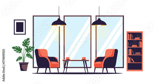 A stylish minimalist lounge area with two armchairs a coffee table and a bookshelf.