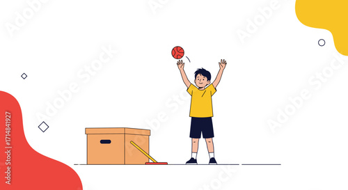 A young boy happily plays with a ball near a cardboard box.