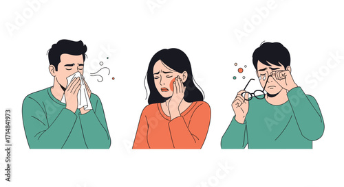 Common symptoms of sickness such as sneezing coughing and eye irritation illustrated.