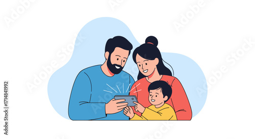 A happy family enjoying entertainment together on a smartphone device.