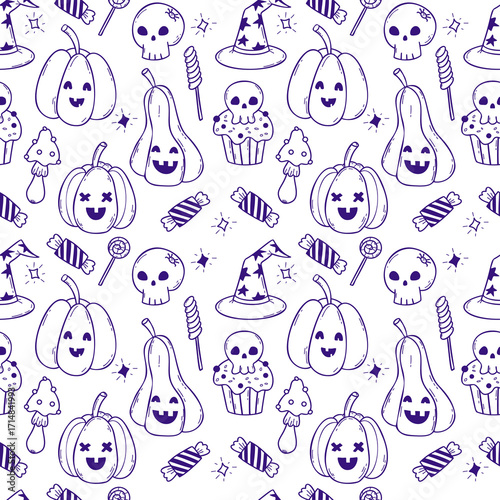 Outline Halloween Seamless pattern. Line drawing