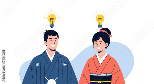 Two people in traditional Japanese clothing having a bright idea.
