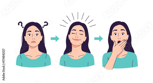 Woman experiences confusion followed by realization and then shock.