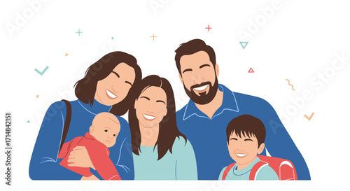 A loving family of four sharing a happy moment together on a white background.