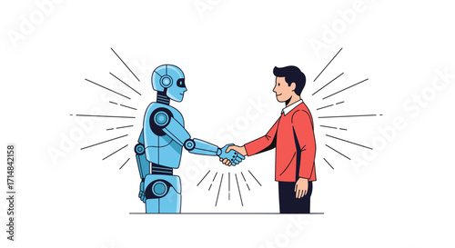 A human and a robot shaking hands symbolizing a collaboration and partnership in the future of technology.