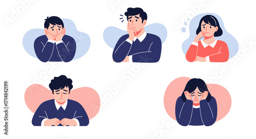 A collection of illustrations depicting people experiencing various emotions of worry and sadness.