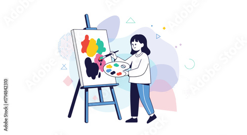 A person painting a colorful abstract artwork on an easel with a palette in hand.