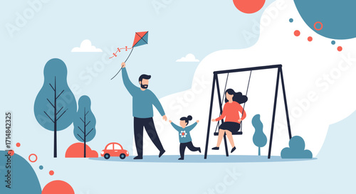 A happy family enjoys a sunny day at the park flying a kite and playing on swings together.